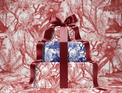 Red Toile de Jouy Wrapping Paper | Hand-Drawn Exotic Jungle Design
