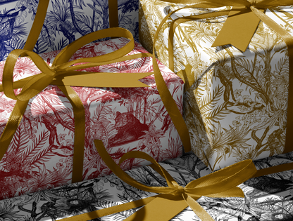 Blue Toile de Jouy Wrapping Paper | Hand-Drawn Exotic Jungle Art