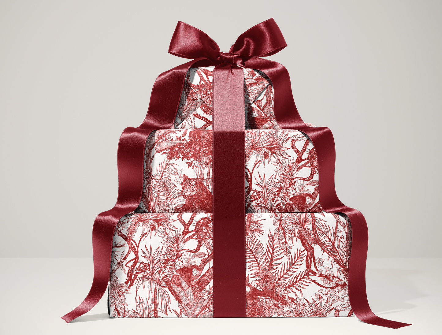 Red Toile de Jouy Wrapping Paper | Hand-Drawn Exotic Jungle Design