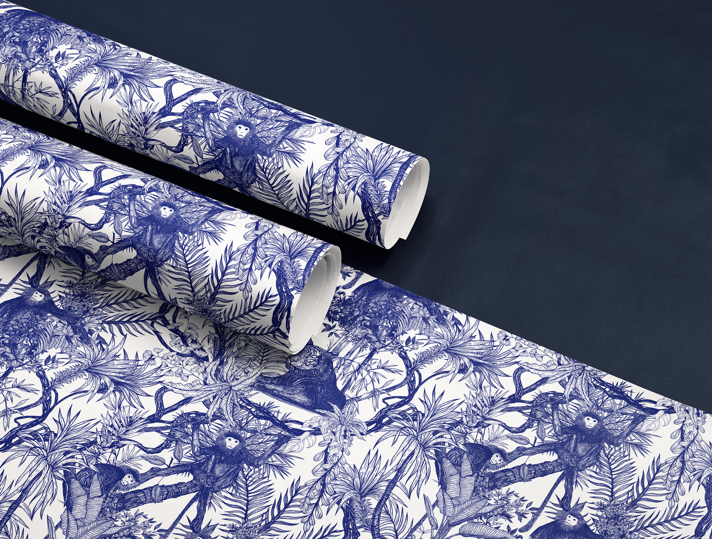 Blue Toile de Jouy Wrapping Paper | Hand-Drawn Exotic Jungle Art