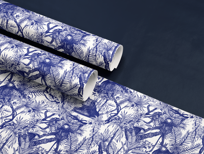 Blue Toile de Jouy Wrapping Paper | Hand-Drawn Exotic Jungle Art