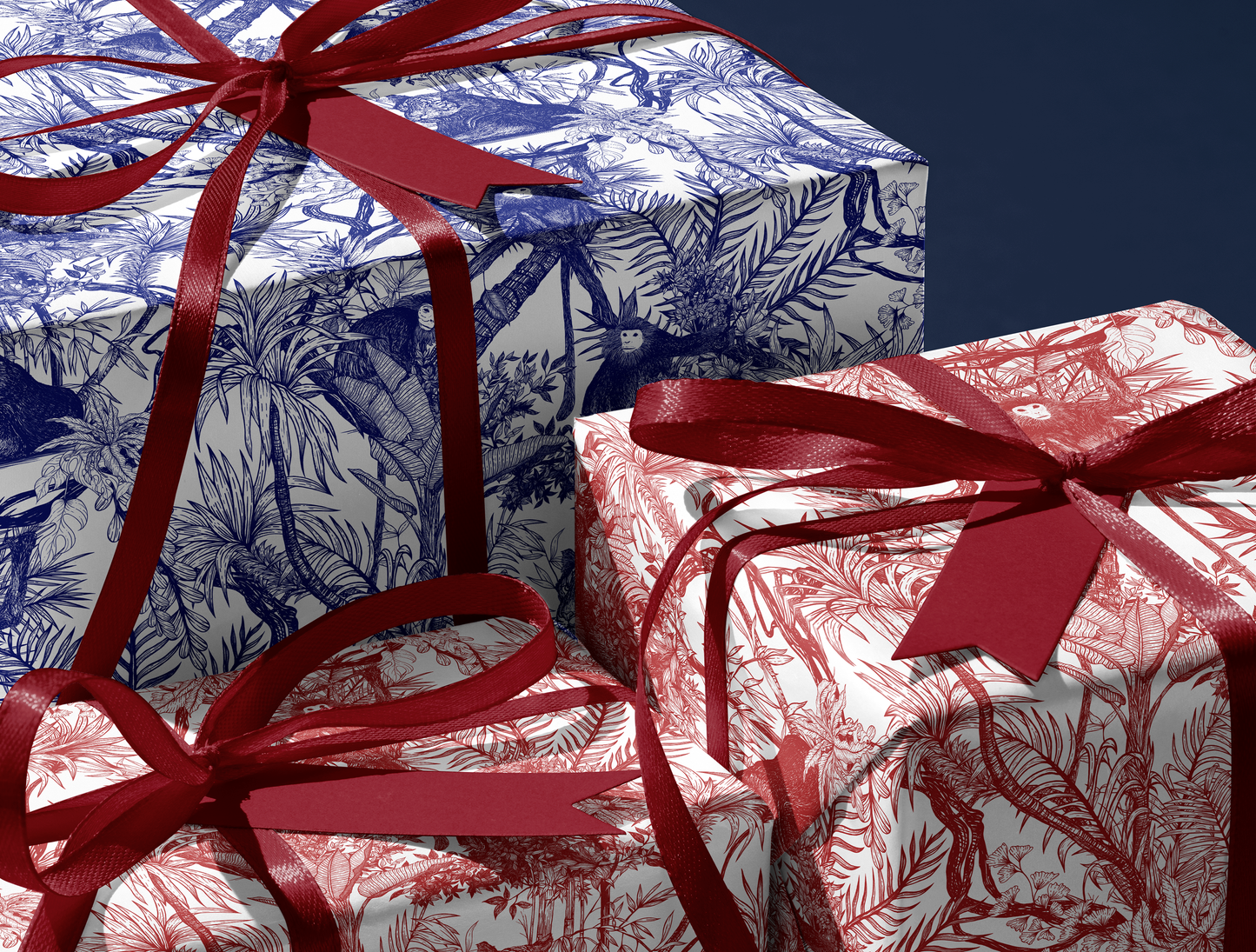 Red Toile de Jouy Wrapping Paper | Hand-Drawn Exotic Jungle Design