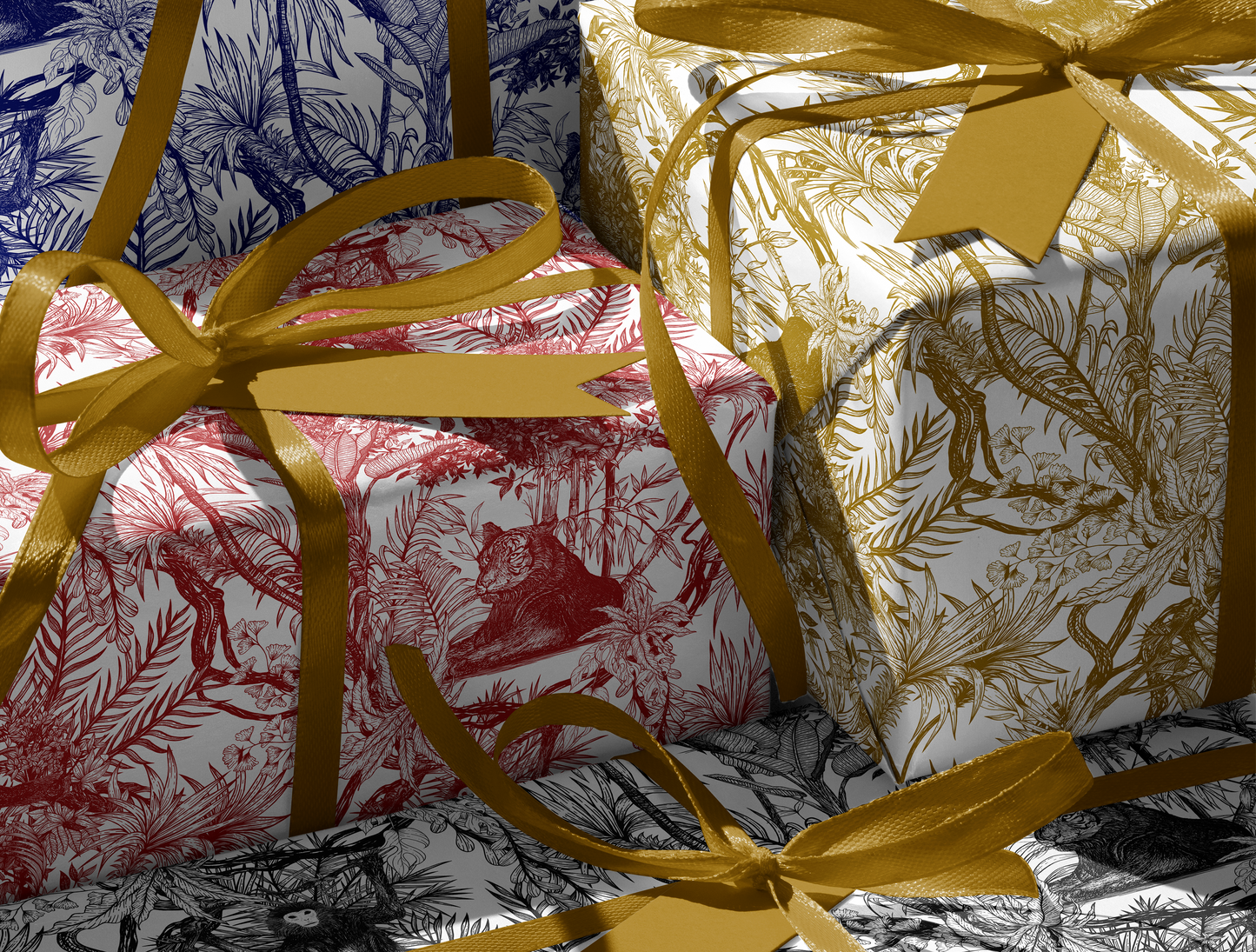 Red Toile de Jouy Wrapping Paper | Hand-Drawn Exotic Jungle Design