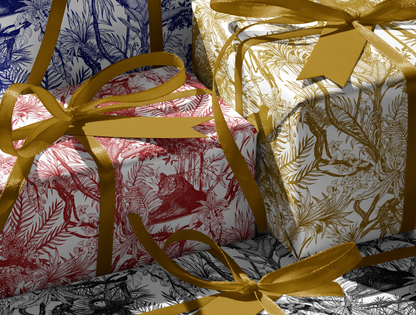 Red Toile de Jouy Wrapping Paper | Hand-Drawn Exotic Jungle Design
