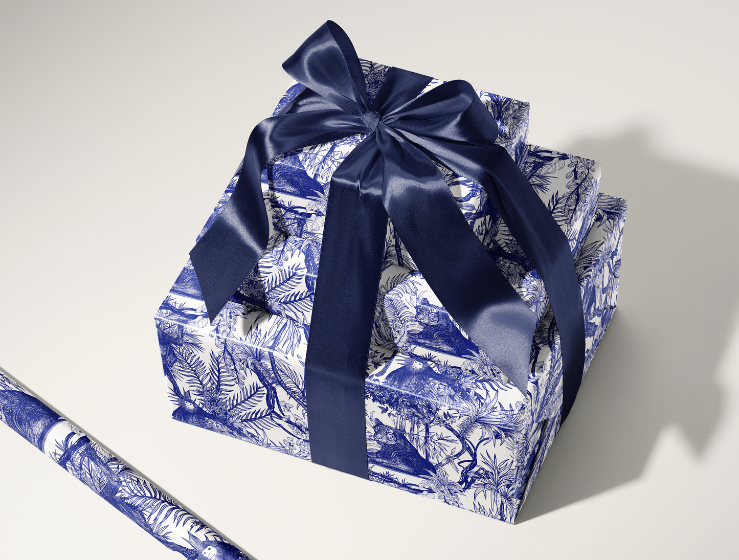 Blue Toile de Jouy Wrapping Paper | Hand-Drawn Exotic Jungle Art