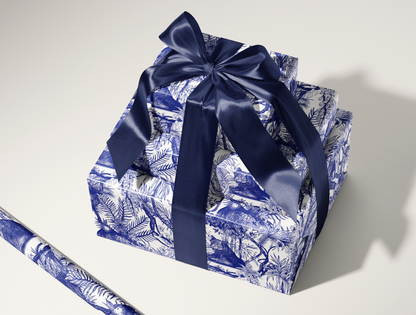 Blue Toile de Jouy Wrapping Paper | Hand-Drawn Exotic Jungle Art