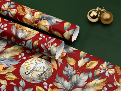 Christmas Wrapping Paper | Elegant Soft Green & Gold Ornaments | Red Background