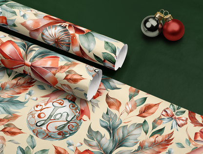 Christmas Wrapping Paper | Classic Red & Green Ornaments | Soft Yellow