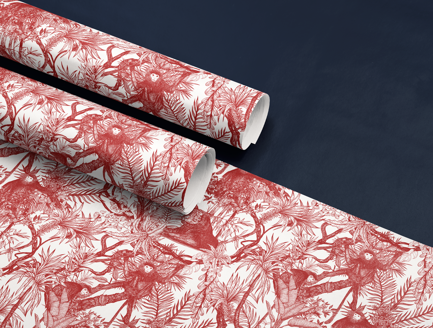 Red Toile de Jouy Wrapping Paper | Hand-Drawn Exotic Jungle Design