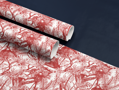 Red Toile de Jouy Wrapping Paper | Hand-Drawn Exotic Jungle Design