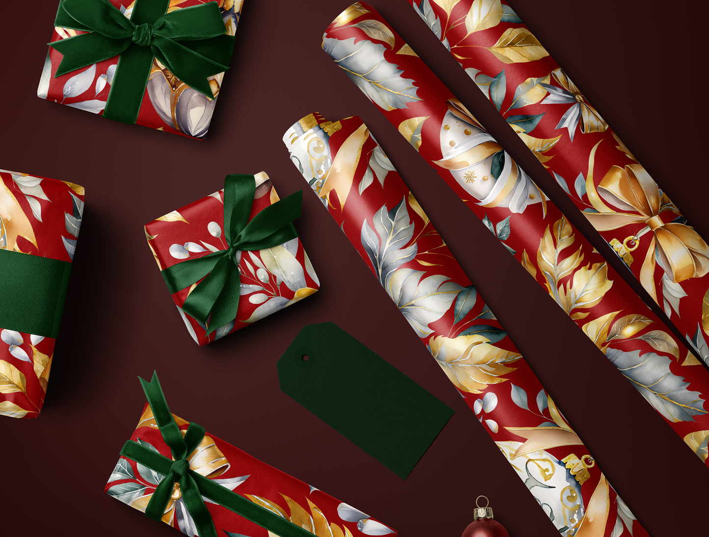Christmas Wrapping Paper | Elegant Soft Green & Gold Ornaments | Red Background