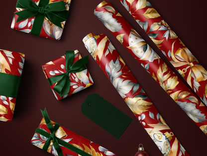 Christmas Wrapping Paper | Elegant Soft Green & Gold Ornaments | Red Background