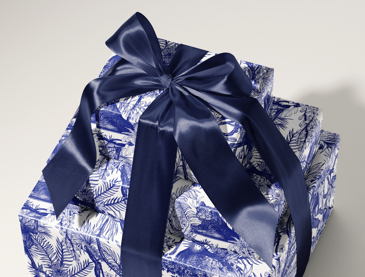 Blue Toile de Jouy Wrapping Paper | Hand-Drawn Exotic Jungle Art
