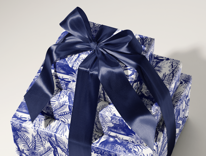 Blue Toile de Jouy Wrapping Paper | Hand-Drawn Exotic Jungle Art