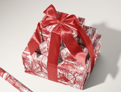 Red Toile de Jouy Wrapping Paper | Hand-Drawn Exotic Jungle Design