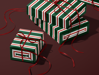 Papier cadeau de Noël à rayures rétro | Motif rayures vertes et rouges vintage