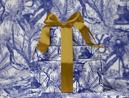 Blue Toile de Jouy Wrapping Paper | Hand-Drawn Exotic Jungle Art