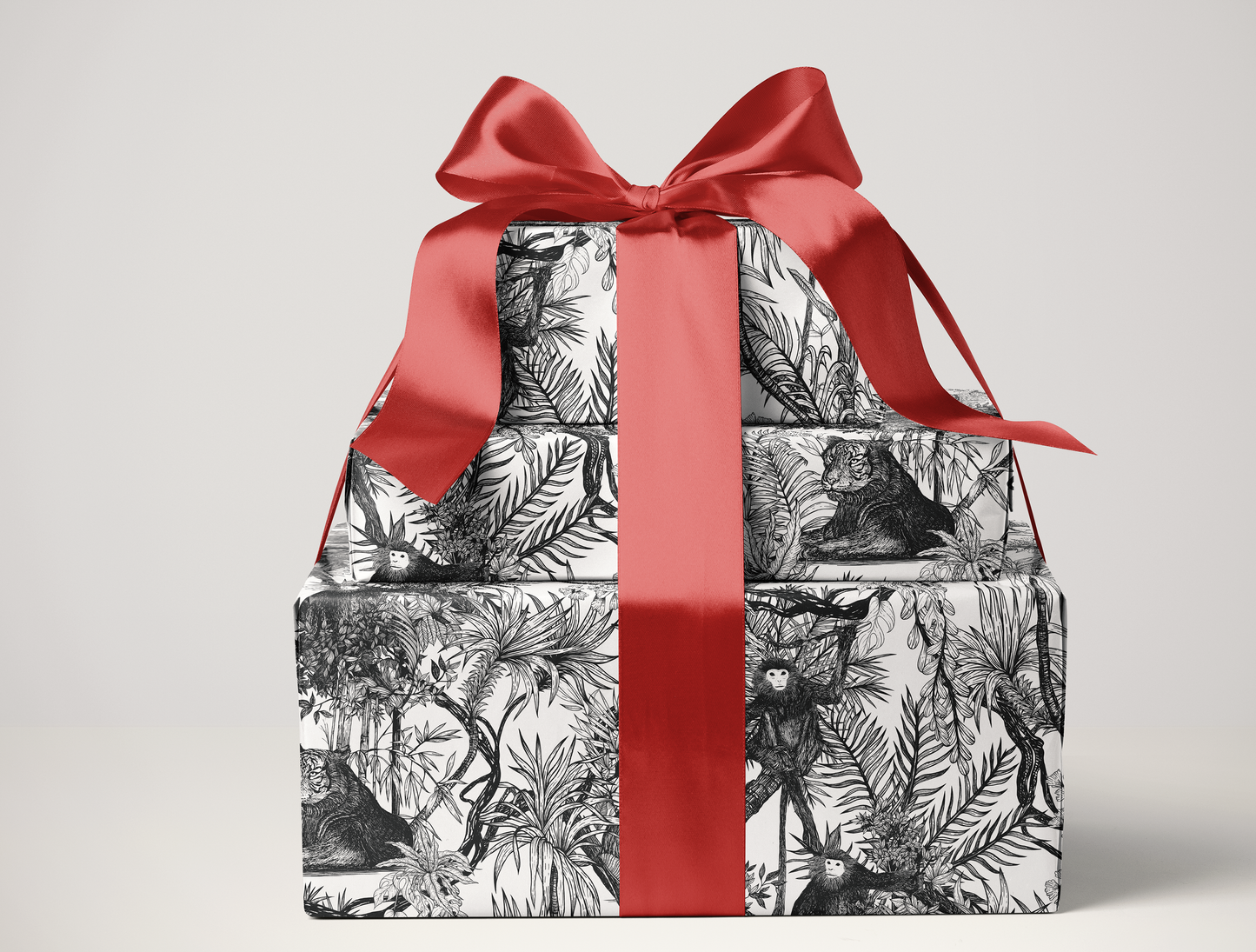 Noir Toile de Jouy Wrapping Paper | Hand-Drawn Exotic Jungle Art with Minimalist Elegance | Classic Black