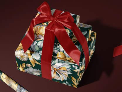 Christmas Wrapping Paper | Elegant Soft Green & Gold Ornaments | Green background