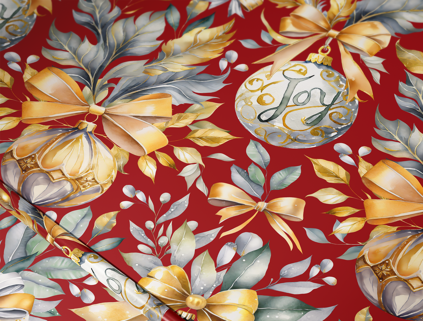 Christmas Wrapping Paper | Elegant Soft Green & Gold Ornaments | Red Background